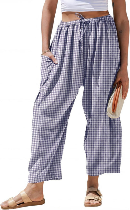 Pantaloni larghi a righe in lino per donna TARSE, casual, a palazzo, harem, con tasche e coulisse a vita bassa
