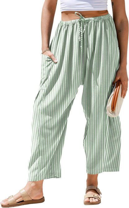 Pantaloni larghi a righe in lino per donna TARSE, casual, a palazzo, harem, con tasche e coulisse a vita bassa