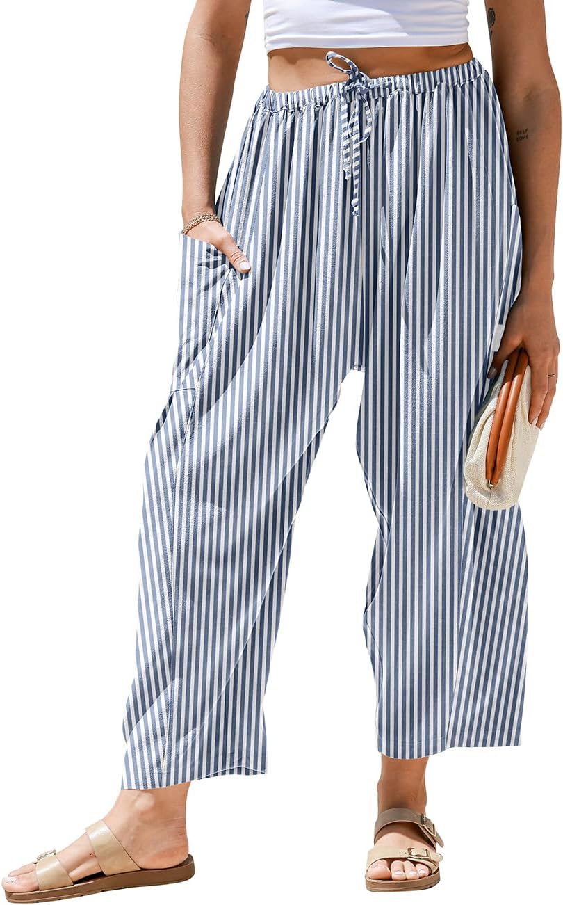 Pantaloni larghi a righe in lino per donna TARSE, casual, a palazzo, harem, con tasche e coulisse a vita bassa