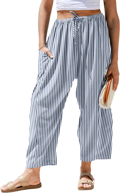 Pantaloni larghi a righe in lino per donna TARSE, casual, a palazzo, harem, con tasche e coulisse a vita bassa