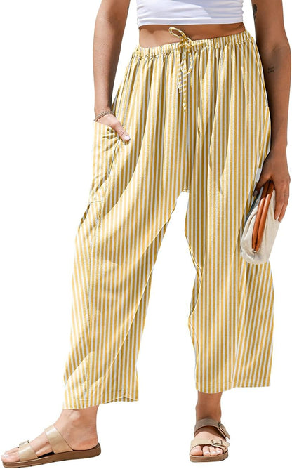 Pantaloni larghi a righe in lino per donna TARSE, casual, a palazzo, harem, con tasche e coulisse a vita bassa