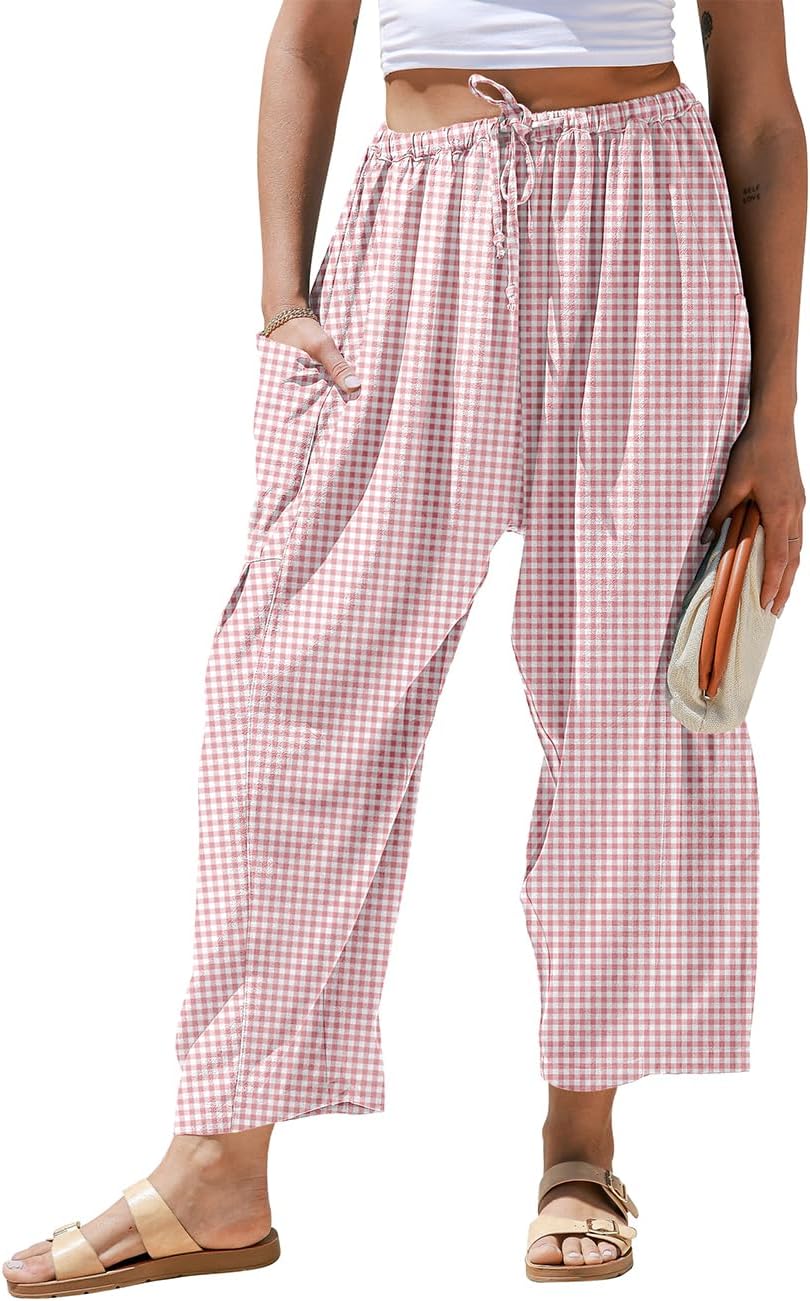 Pantaloni larghi a righe in lino per donna TARSE, casual, a palazzo, harem, con tasche e coulisse a vita bassa