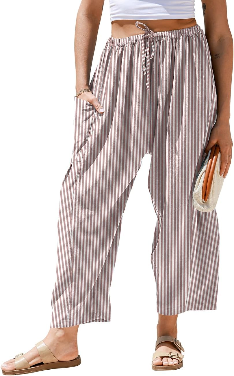 Pantaloni larghi a righe in lino per donna TARSE, casual, a palazzo, harem, con tasche e coulisse a vita bassa
