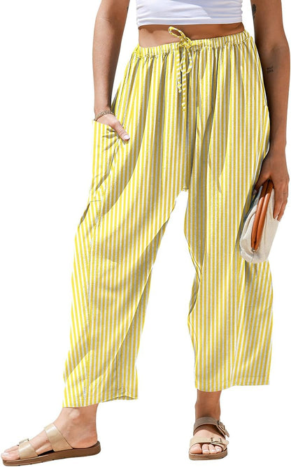 Pantaloni larghi a righe in lino per donna TARSE, casual, a palazzo, harem, con tasche e coulisse a vita bassa
