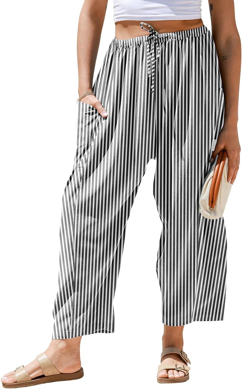 Pantaloni larghi a righe in lino per donna TARSE, casual, a palazzo, harem, con tasche e coulisse a vita bassa