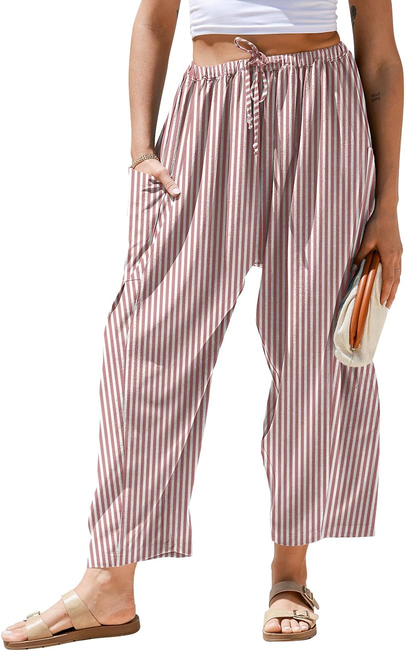 Pantaloni larghi a righe in lino per donna TARSE, casual, a palazzo, harem, con tasche e coulisse a vita bassa