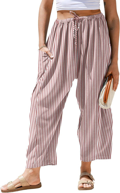 Pantaloni larghi a righe in lino per donna TARSE, casual, a palazzo, harem, con tasche e coulisse a vita bassa