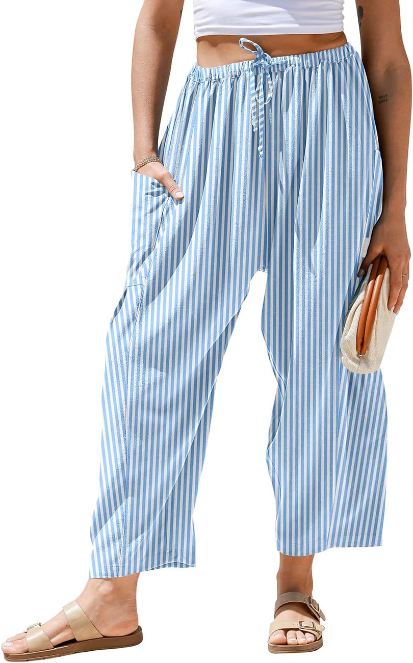 Pantaloni larghi a righe in lino per donna TARSE, casual, a palazzo, harem, con tasche e coulisse a vita bassa