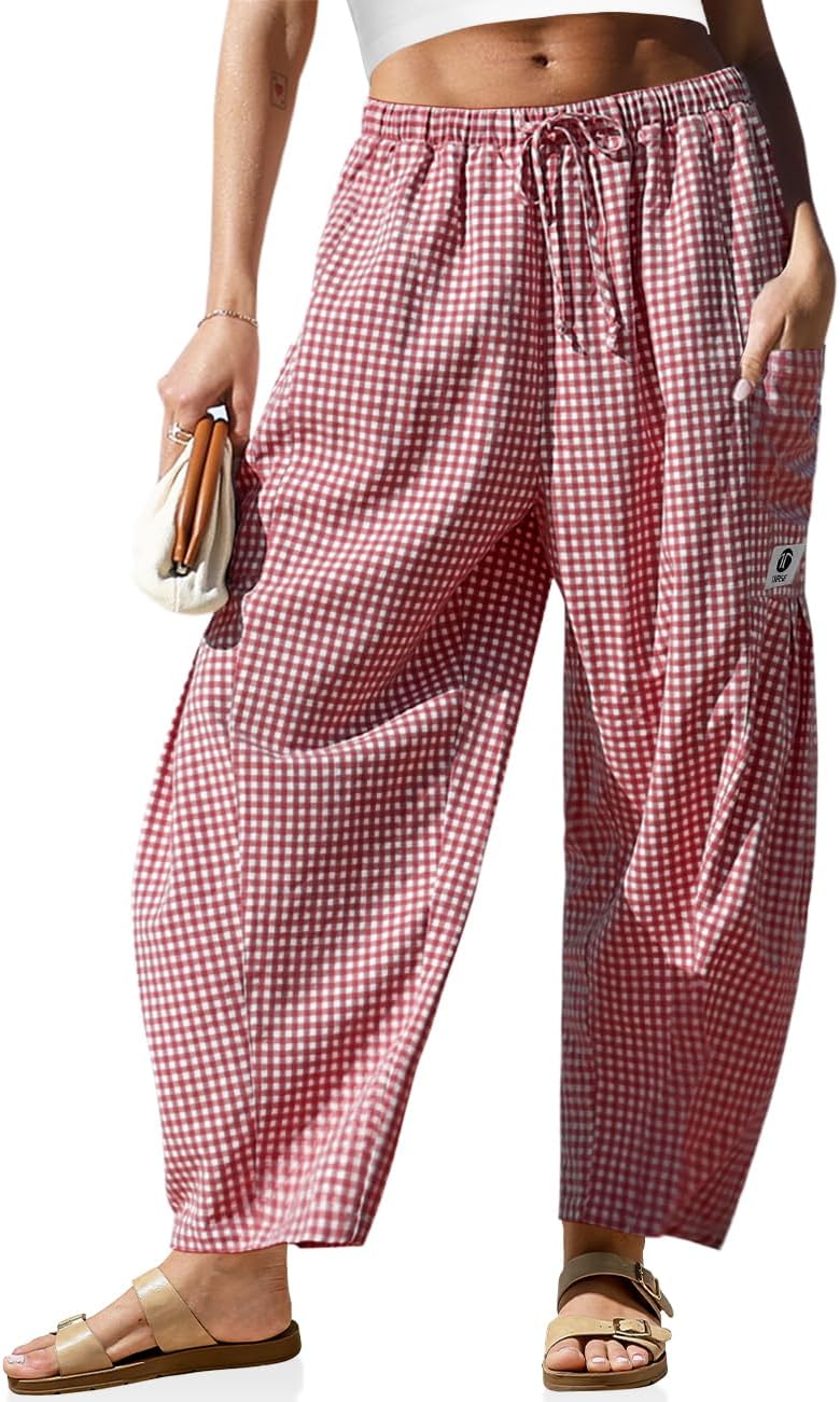 Pantaloni larghi a righe in lino per donna TARSE, casual, a palazzo, harem, con tasche e coulisse a vita bassa