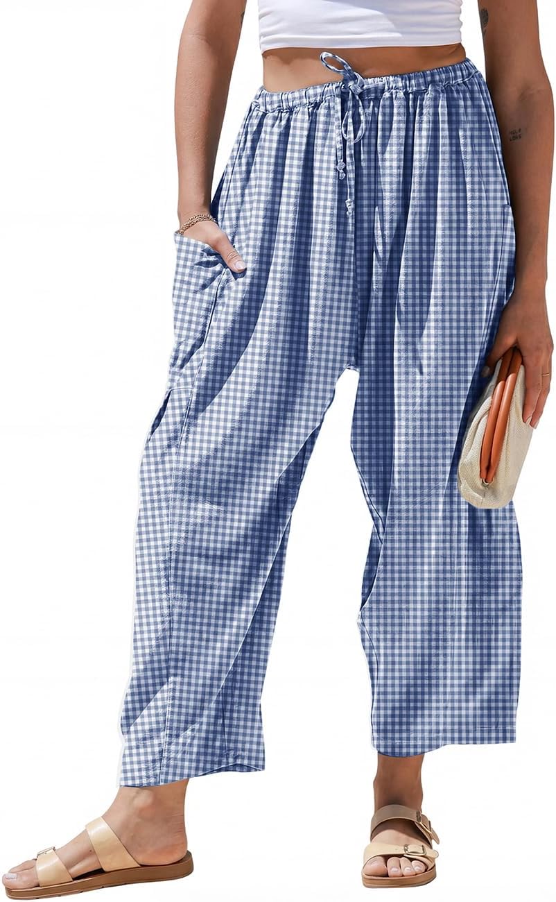 Pantaloni larghi a righe in lino per donna TARSE, casual, a palazzo, harem, con tasche e coulisse a vita bassa