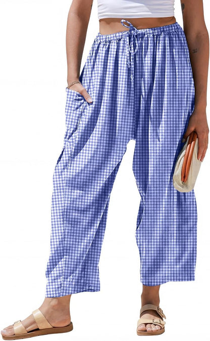 Pantaloni larghi a righe in lino per donna TARSE, casual, a palazzo, harem, con tasche e coulisse a vita bassa