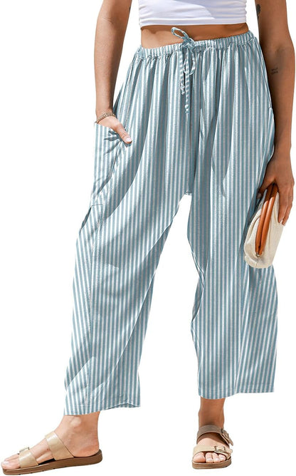 Pantaloni larghi a righe in lino per donna TARSE, casual, a palazzo, harem, con tasche e coulisse a vita bassa