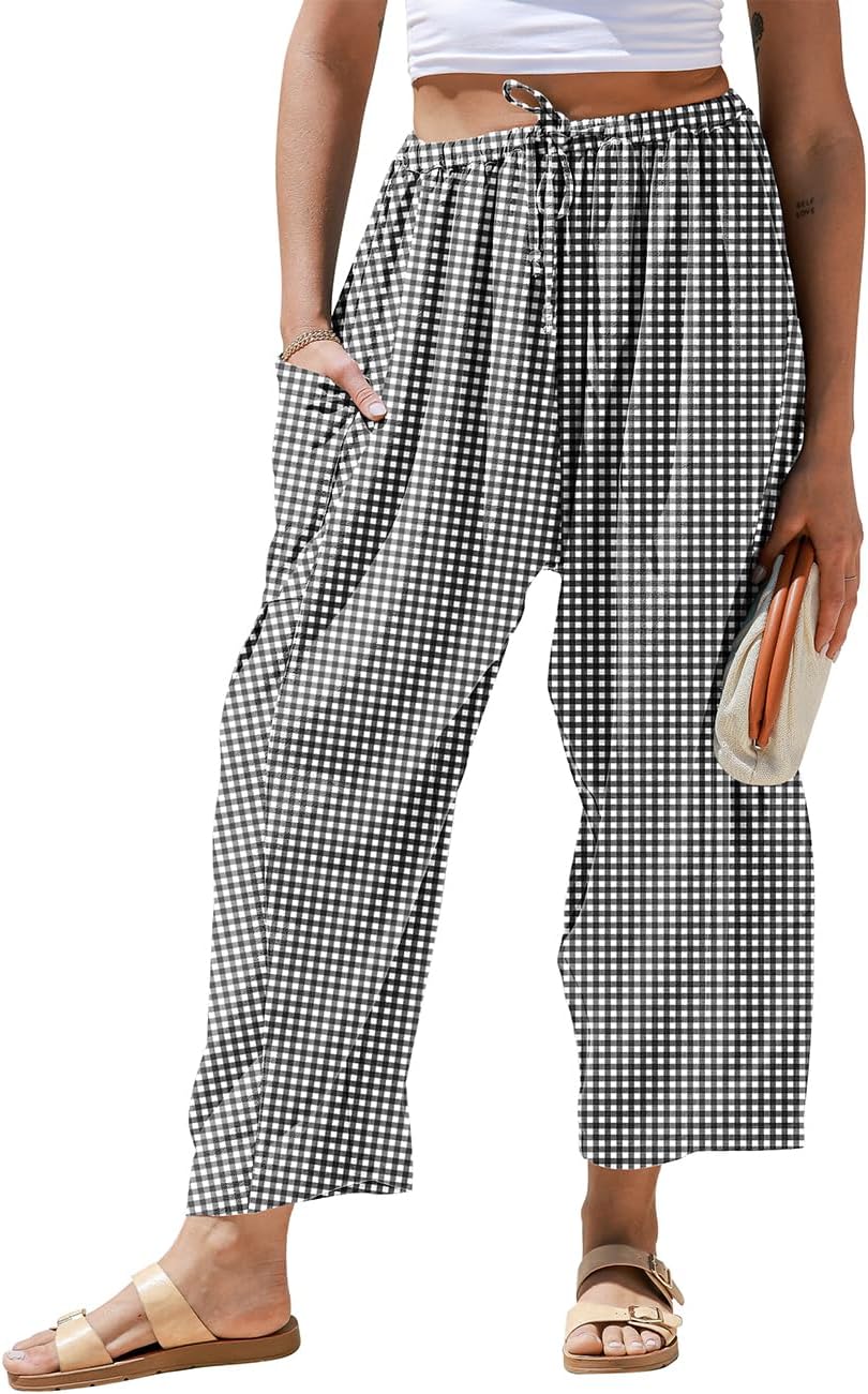 Pantaloni larghi a righe in lino per donna TARSE, casual, a palazzo, harem, con tasche e coulisse a vita bassa