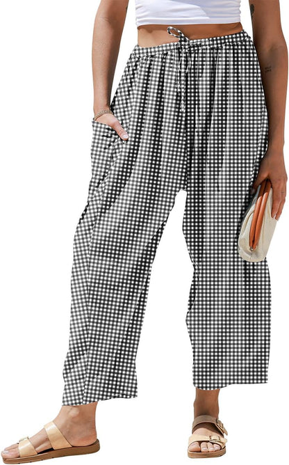 Pantaloni larghi a righe in lino per donna TARSE, casual, a palazzo, harem, con tasche e coulisse a vita bassa