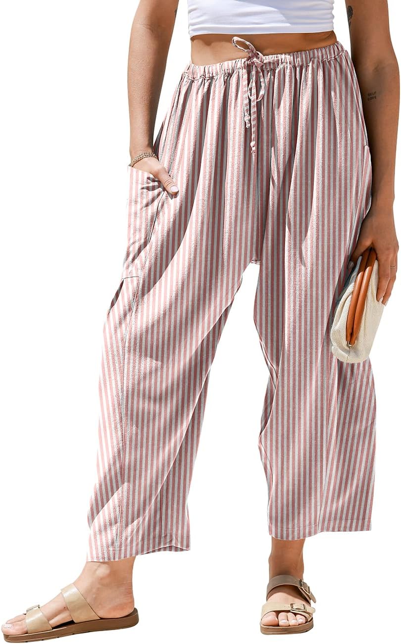 Pantaloni larghi a righe in lino per donna TARSE, casual, a palazzo, harem, con tasche e coulisse a vita bassa