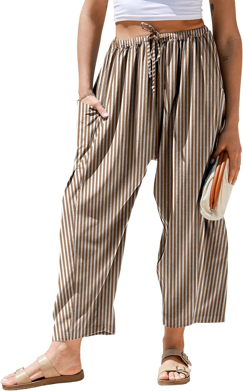Pantaloni larghi a righe in lino per donna TARSE, casual, a palazzo, harem, con tasche e coulisse a vita bassa