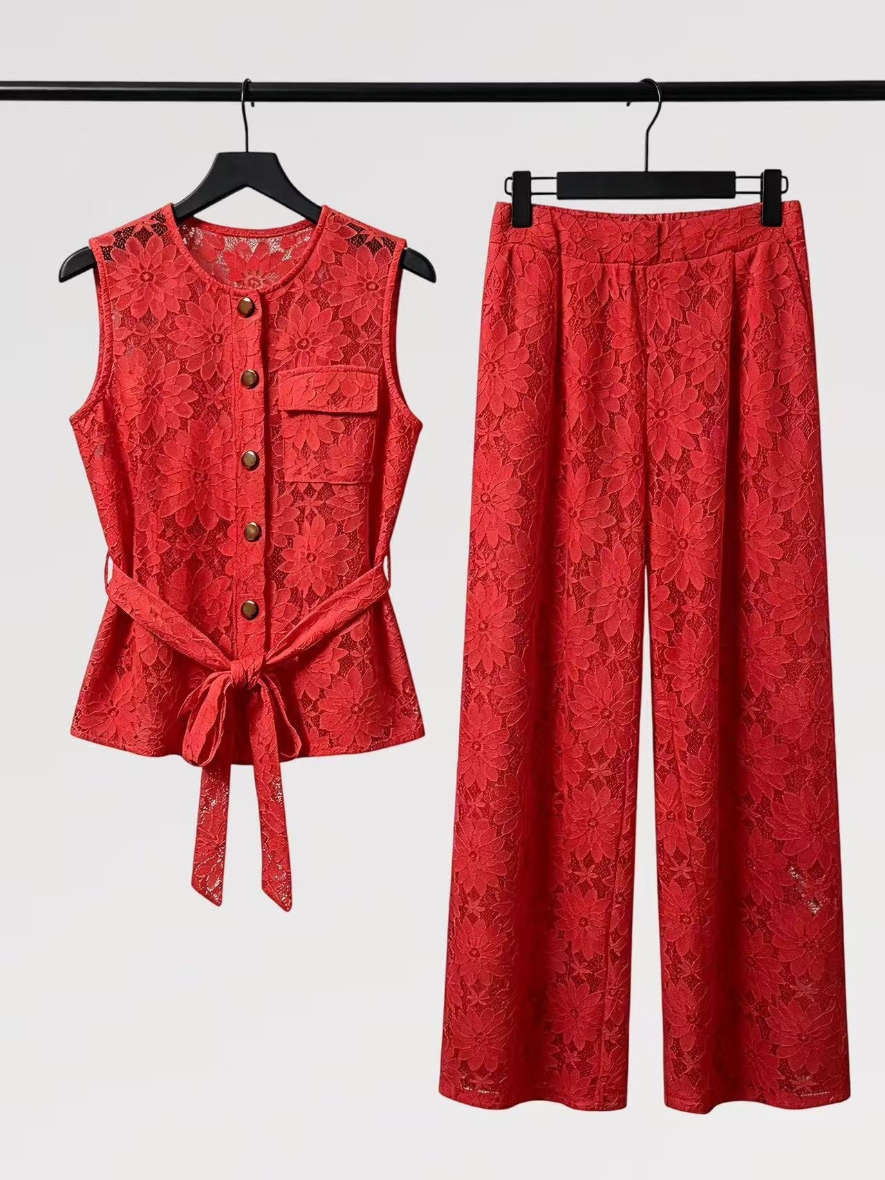 Lady First - Elegante Completo IRENE Smanicato Pizzo – Top con Nodo & Pantalone Palazzo