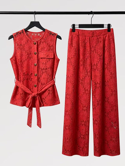 Lady First - Elegante Completo IRENE Smanicato Pizzo – Top con Nodo & Pantalone Palazzo