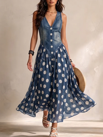 Adeline - Elegante Vestito Lungo Denim con Lunares