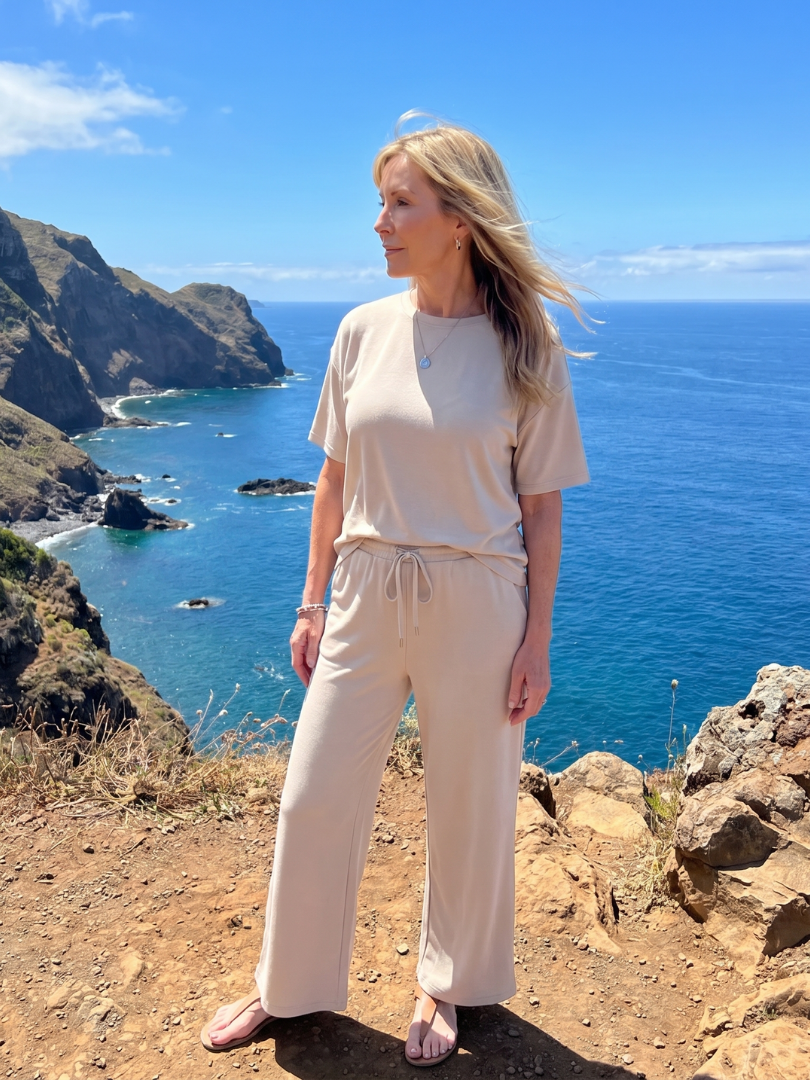 Wihel - Leggero Set di Pantaloni a Gamba Dritta con Vita Regolabile e Maniche Corte