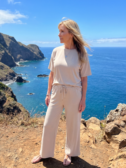 Wihel - Leggero Set di Pantaloni a Gamba Dritta con Vita Regolabile e Maniche Corte