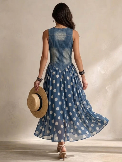 Adeline - Elegante Vestito Lungo Denim con Lunares