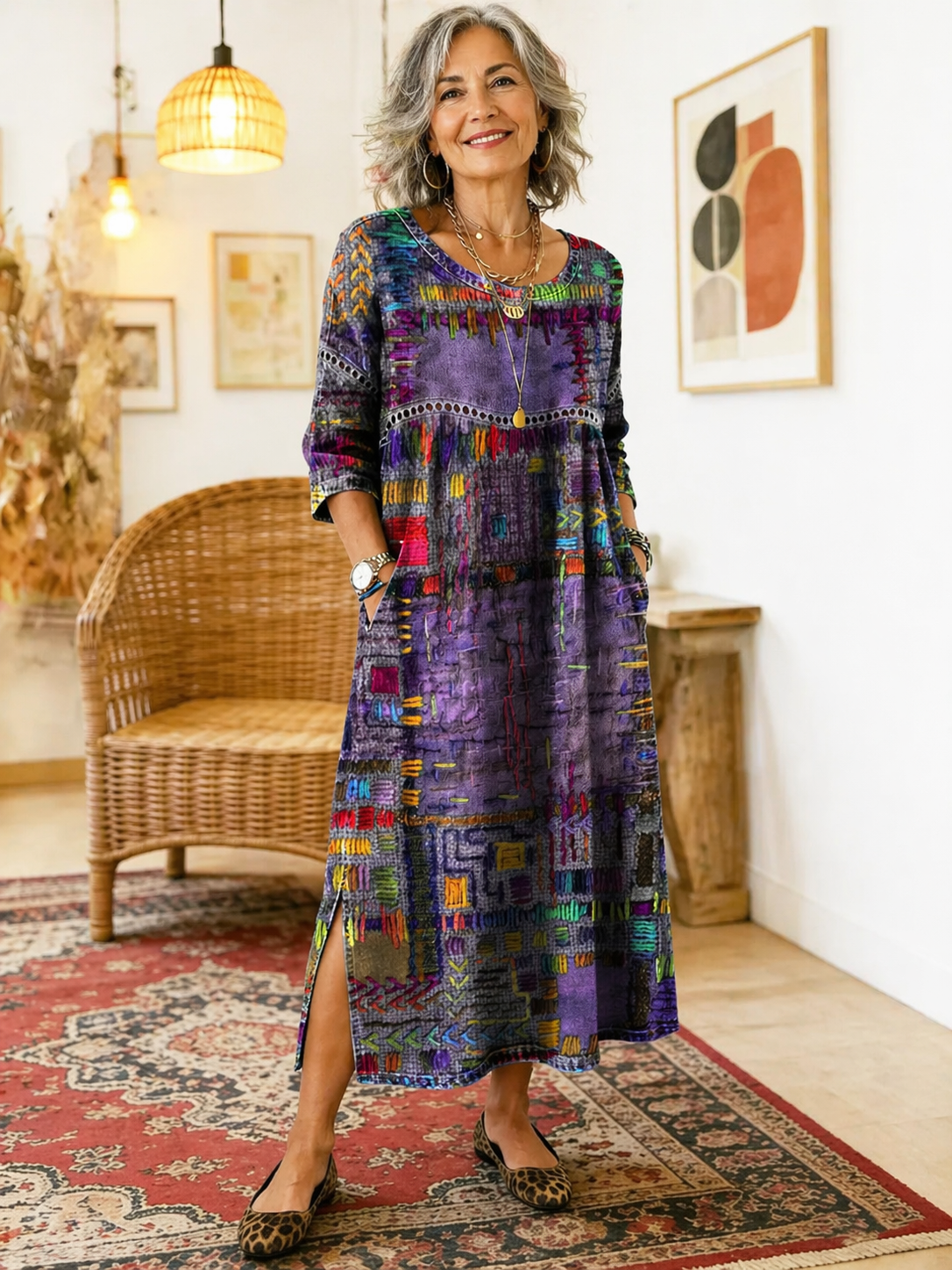 Manuela - Libero Vestito in Denim con Patchwork Etnico
