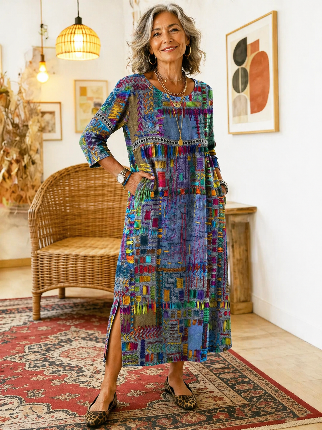 Manuela - Libero Vestito in Denim con Patchwork Etnico