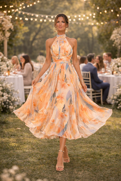 ESTHER - Elegante Abito con Collo Halter e Stampa Acquerello