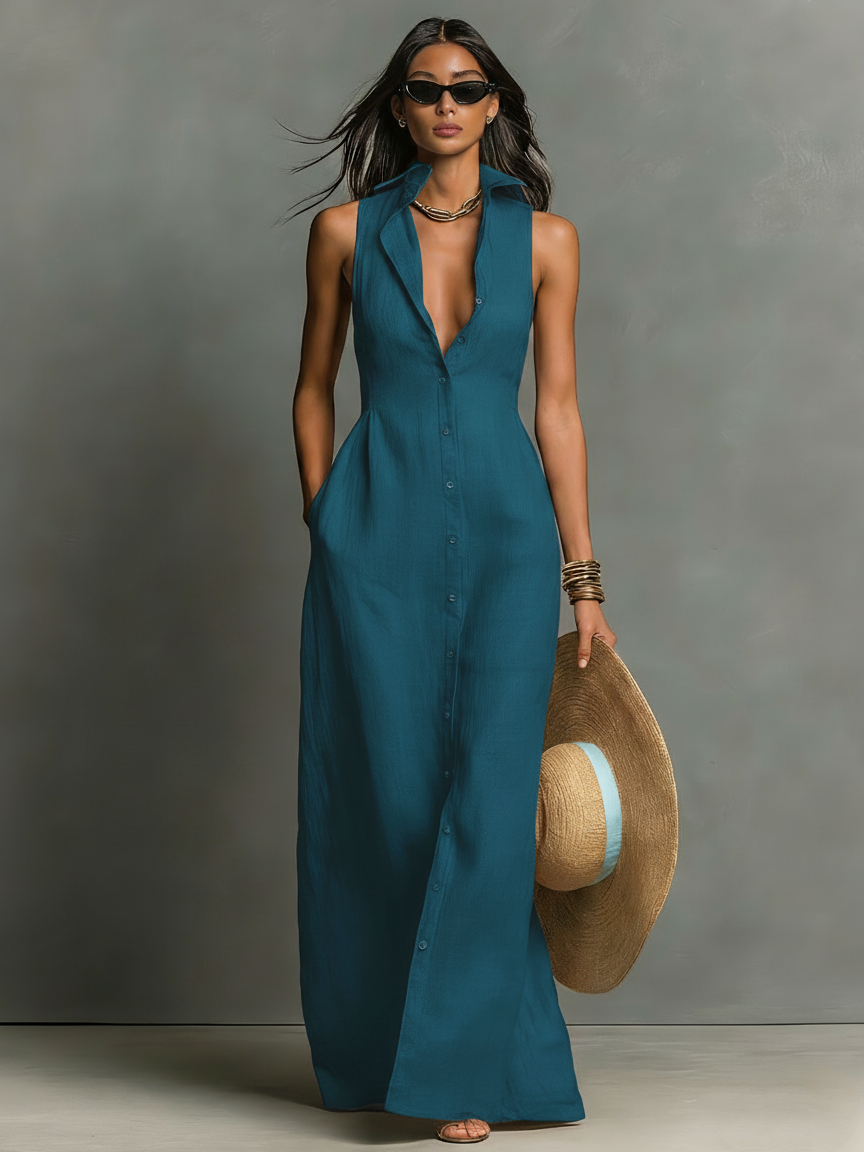Abito Camicia Maxidress Senza Maniche in Lino Minimalista per Donna - Sofisticato Abito