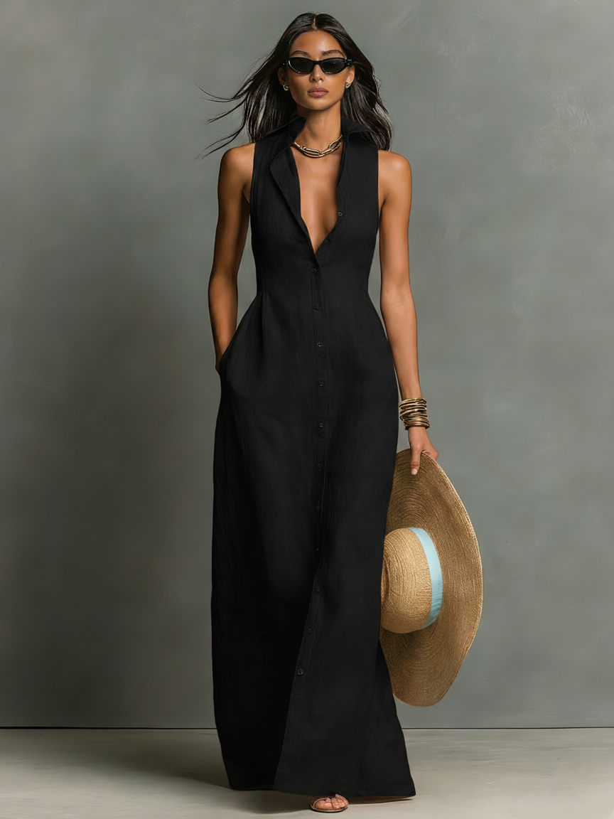 Abito Camicia Maxidress Senza Maniche in Lino Minimalista per Donna - Sofisticato Abito