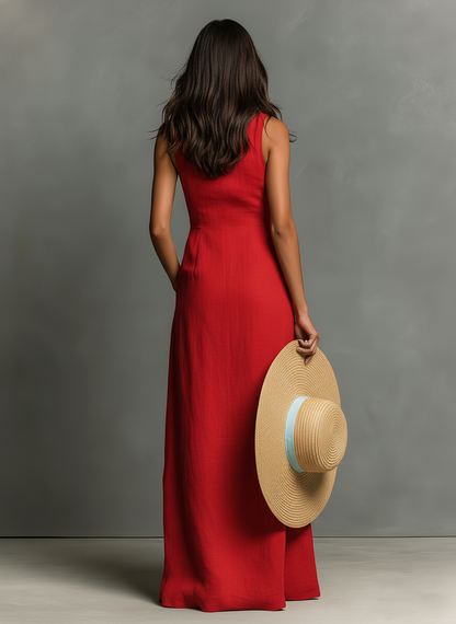 Abito Camicia Maxidress Senza Maniche in Lino Minimalista per Donna - Sofisticato Abito
