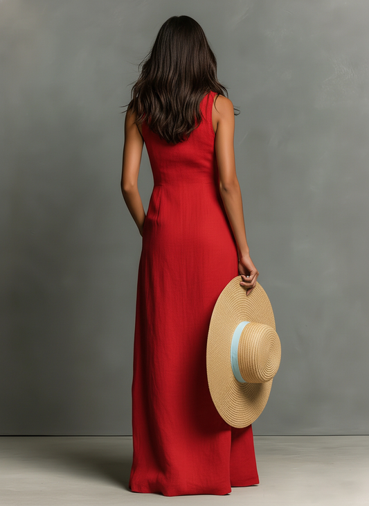 Abito Camicia Maxidress Senza Maniche in Lino Minimalista per Donna - Sofisticato Abito