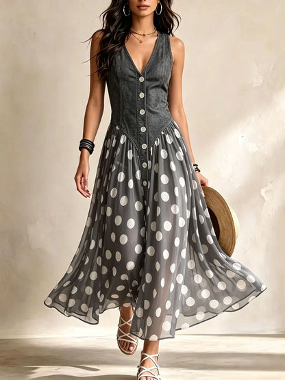 Adeline - Elegante Vestito Lungo Denim con Lunares