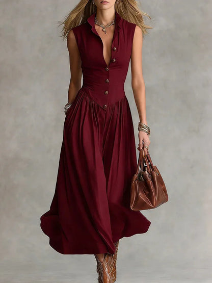 Women's Elegant Sleeveless Shirt Dress 2026 New Vintage Stand Collar Single-breasted Midi Dress Office Chic Streetwear Vestidos