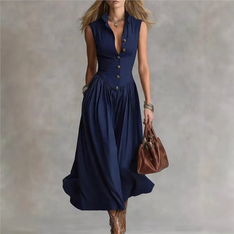 Women's Elegant Sleeveless Shirt Dress 2026 New Vintage Stand Collar Single-breasted Midi Dress Office Chic Streetwear Vestidos