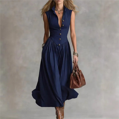 Women's Elegant Sleeveless Shirt Dress 2026 New Vintage Stand Collar Single-breasted Midi Dress Office Chic Streetwear Vestidos