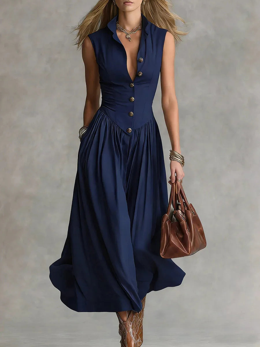 Women's Elegant Sleeveless Shirt Dress 2026 New Vintage Stand Collar Single-breasted Midi Dress Office Chic Streetwear Vestidos