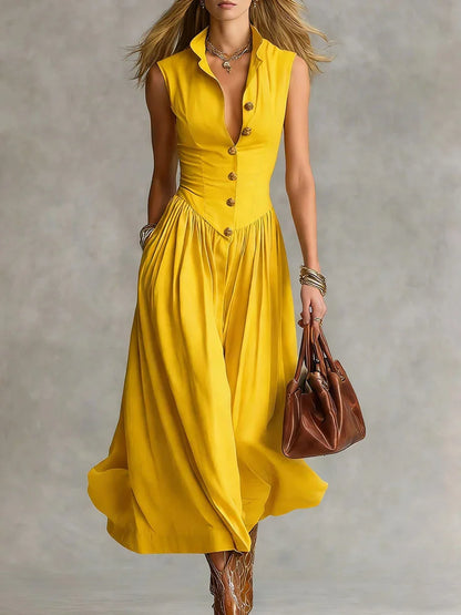 Abito camicia elegante senza maniche da donna - Chic Abito Midi