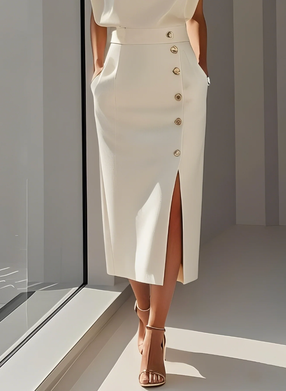 Sophie - Elegante Abito midi aderente con bottoni dorati