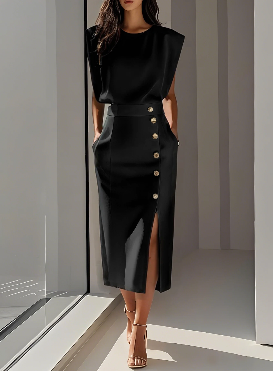 Sophie - Elegante Abito midi aderente con bottoni dorati