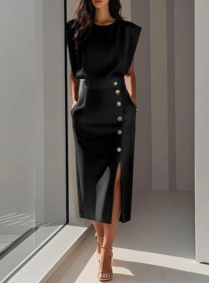 Sophie - Elegante Abito midi aderente con bottoni dorati