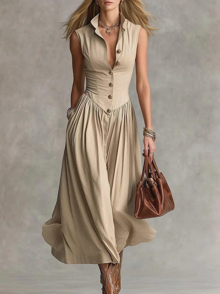 Abito camicia elegante senza maniche da donna - Chic Abito Midi