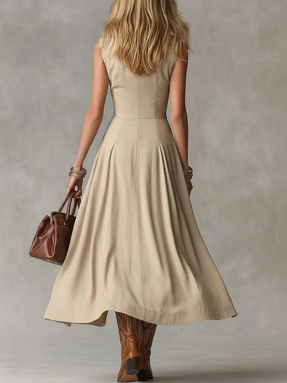 Women's Elegant Sleeveless Shirt Dress 2026 New Vintage Stand Collar Single-breasted Midi Dress Office Chic Streetwear Vestidos