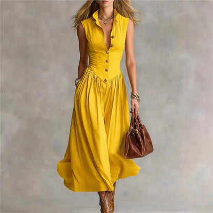 Abito camicia elegante senza maniche da donna - Chic Abito Midi