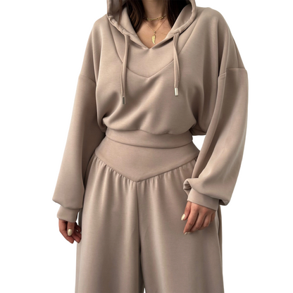 Set Wina da Donna - Confortevole Loungewear Pantaloni a Gamba Larga e Hoodie Corto