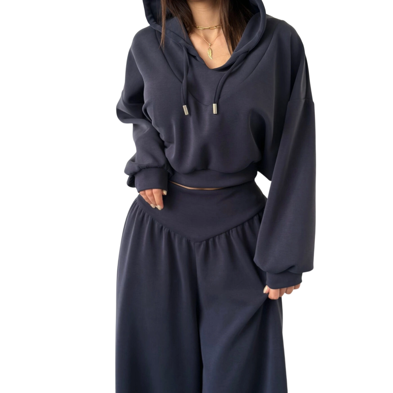 Set Wina da Donna - Confortevole Loungewear Pantaloni a Gamba Larga e Hoodie Corto