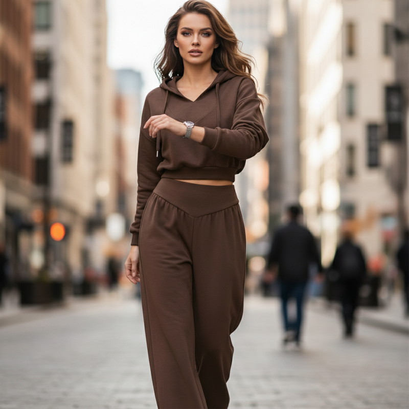 Set Wina da Donna - Confortevole Loungewear Pantaloni a Gamba Larga e Hoodie Corto