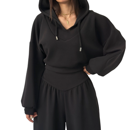 Set Wina da Donna - Confortevole Loungewear Pantaloni a Gamba Larga e Hoodie Corto