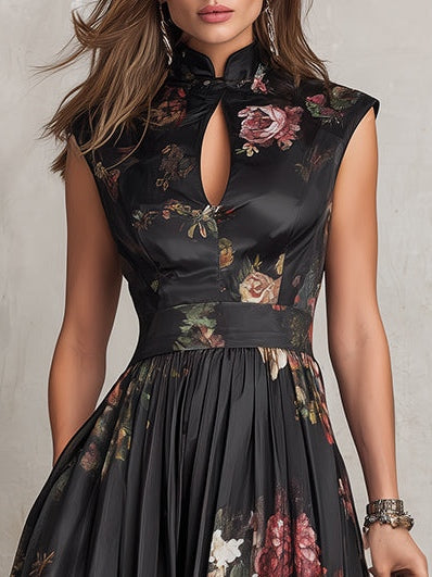 Abito Midi in Raso Pieghettato con Collo a Fessura - Elegante